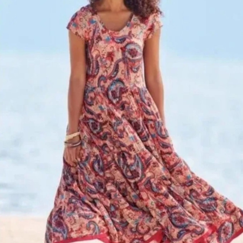 Soft Surroundings Kara Short Sleeve Tiered skirt maxi dress Framboise Paisley